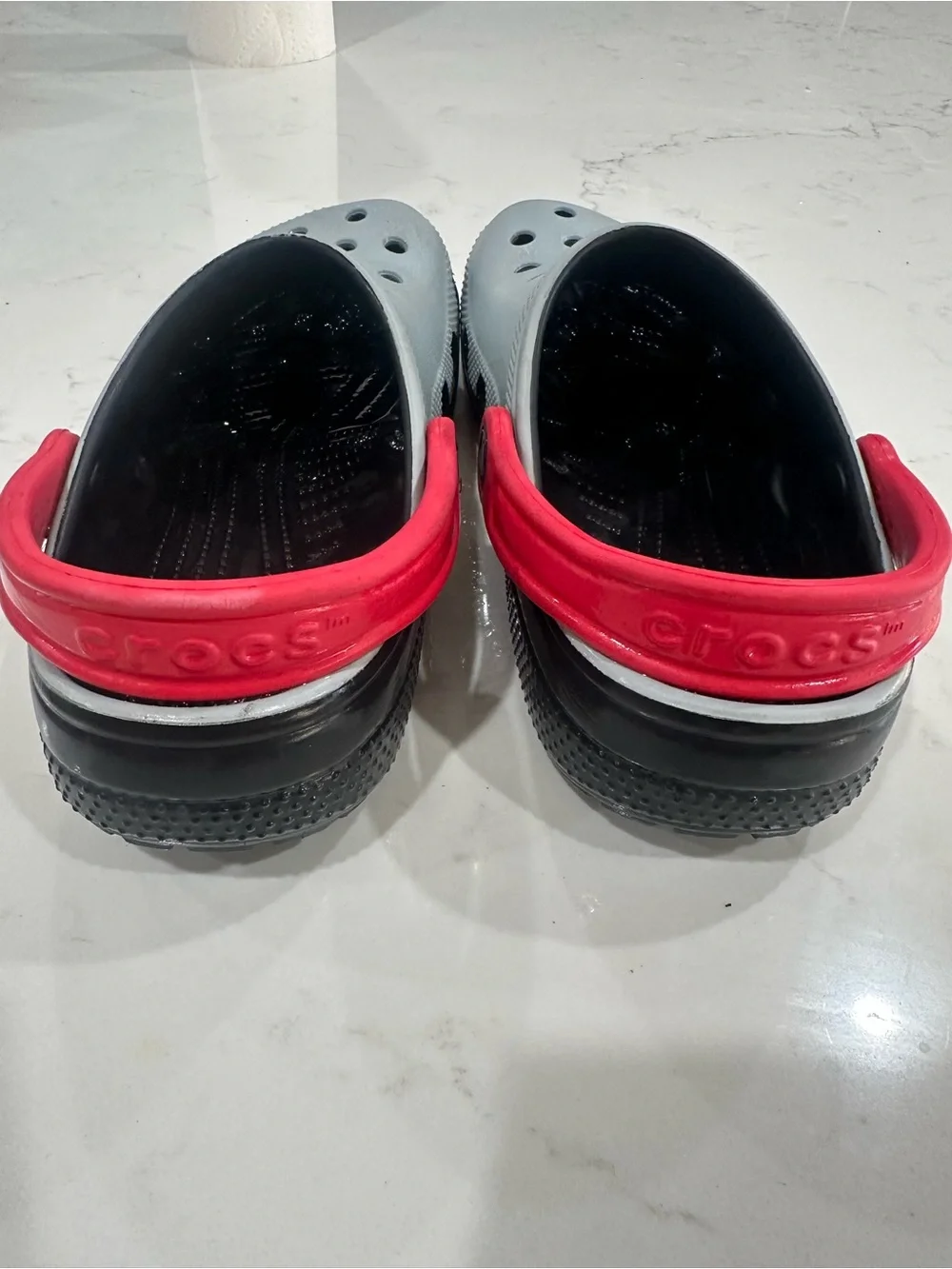 Kids Gray CROCS shoes with Red Strap